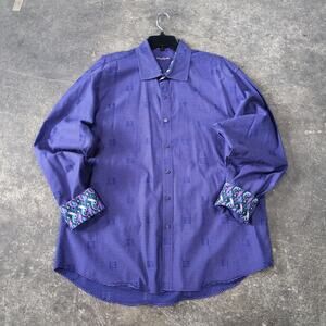Marco Brunelli Houndstooth Shirt Mens 2XL XXL Purple Paisley Cuffs Button Up